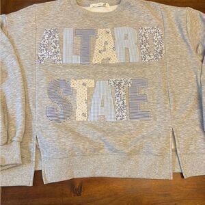 Grey Patch Lettering Sweatshirt with Blue Floral & Stripe Appliqué